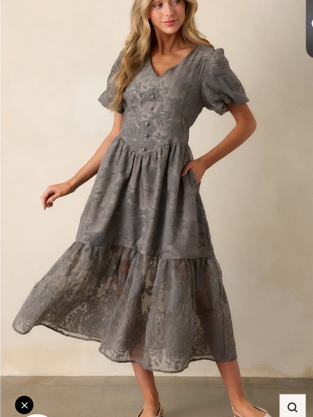 NWT one loved babe Grey Floral Lace Midi Dress - V-Neck Puff Sleeve